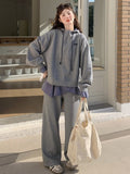 Grey Fake Two-Piece Jacket Suit Women's Hooded 2026 Spring And Autumn New Lazy Slackness Casual Trousers Two Sets