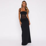 New Lace-Word Shoulder Slings Body Open Fork Dress Sexy Splicing Hollow Perspective Dress