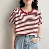 Short-Sleeved T-Shirt Women's Summer Thin 2026 New Loose Cotton Green Stripe Sympathizes With Women's Clothes