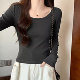 Vintage Low-Neck Shoulder Long-Sleeved T-Shirt Women Early Autumn New Design High Waist Display Thin Short Inside The Bottom Top