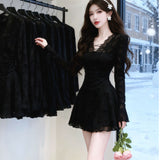 Purely Sexy V-Neck Lace Spliced Long-Sleeved Dress Women's Autumn And Winter New High-End Slim Slim Slimming A-Skirt