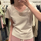 Solid Color Foundation V-Neck Shoulder Thin T-Shirt Girl Summer Slim Small Collar Short Sleeve Top