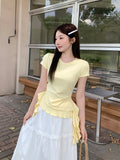 Milk Yellow Round Collar Front Shoulder Short-Sleeved T-Shirt 2026 Summer New Irregular Hem Lotus Leaf Edge Repair Coat