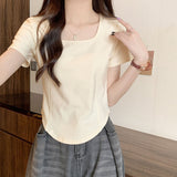 A And A And Shoulder-Necked Short-Sleeved T-Shirt For Women's European Summer New Gas-Retro-Retro-Ageed Fish Bone Short Shirt