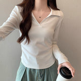 Korean Polo Collar Long-Sleeved Mask T-Shirt Women's Autumn And Winter New Design Feeling Folded Waist Unique Special To The Bottom Shirt