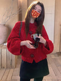 Korean Vintage Soft Gring Flower Red Sweater Women's Winter High Sense New Year Thick Short Knitted Open Shirt