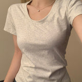 U-Neck Gray With Short-Sleeved T-Shirt For Girls Summer Slime Half-Sleeved Top Low-Necked Shoulder Trussins