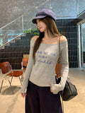 Gray Oblique Shoulder-To-Shoulder Letter Print Long-Sleeved Girl T-Shirt Early Autumn New Knitted Bottom Shirt Sexy Top