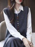 French Retro Buckle Round-Neck Knitted Vest Cardigan Women's Sleeveless Vest Sweater 2025 Autumn Folded Top
