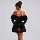 Women's Winter New Elegant Collar Hair Splicing Shoulder Design Tight Height Waist Dress