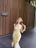 Holiday Wind Strapped With Bare Back Sling Dress Female Summer Floral Dress Babes To Close The Waist Fishtail Skirt With Hip Dress