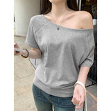 One-Word Collar Shoulder Design Loose Solid Color Short-Sleeved T-Shirt 2026 Summer New Slanted Shoulder Lazy Top