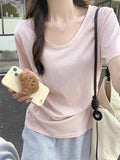 Pink U-Neck Shoulder Short-Sleeved Women's T-Shirt Summer New Large-Size Fat Mm Shaved Stomach Big Thin Loose Tops Hidden Meat