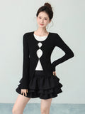 Sweet Hottie Round Collar Fake Two Design Feel To Take T-Shirts 2026 Early Autumn Wave Print Bottom Shirt Top