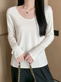 Pure White U-Necked Shirt Long-Sleeved T-Shirt Women's Early Autumn Lazy Relaxed Leisure Pure Cotton On The Basis Of Clothing