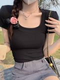 Sweet Hottie Low-Collar Collar Collar Collar Collar Collar Collar Straight Shoulder Short-Sleeved T-Shirt Girl Pure-Want Wind Tight Waist Sexy Short Summer Top