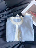 French Small Fragrant Blue Fake Two Knitted Cardigan Women Early Autumn New Korean Wearing Buttons Lazy Sweater