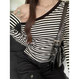 Pure Slanted Shoulder Sexy Stripe Shoulder Long-Sleeved T-Shirt Girl Early Autumn New Design Sense Of Small Body Bottom Top