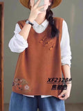 Vintage Art Buckle Embroidered Knitted Vest For Women's Extra-In-2025 Spring New Round-Neck Cotton Sweater Vest