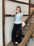 Lace Lace Spliced Short-Sleeved T-Shirt For Women's New Body-Repair Bow Design Tops In Summer 2026