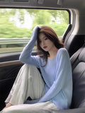 French Blue Long-Sleeved T-Shirt Girls In The Spring And Autumn To Put A Word On The Shoulder Knitted Bottom Shirt Cold Chic Blouse Early Spring