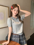 Grey Polo Collar Short-Sleeved T-Shirt Blouse Summer 2026 New Bow Design Knitted Shirt