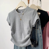 Grey Shoulder Short-Sleeved T-Shirt Summer Dress 2025 New Folds To Collect Thin Cotton Jersey Top