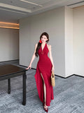 Pure Wind Red Hanging Neck Dress Women's Spring New Sexy Open Fork Dress Bag Hip Dress