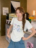 Korean Cute Cat Embroidery Design Feeling Short-Sleeved T-Shirt Women 2026 Summer New Loose Thin Lazi Blouse