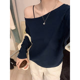 Gray Oblique Shoulder Long-Sleeved T-Shirt Girl Early Autumn Loose Word Shoulder Slack Feeling Hottie Sexy Unique Temperament Blouse