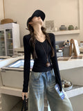 Solid Color Shoulder V-Neck Long-Sleeved Knitted Shirt Woman 2026 Autumn New Body To Close The Waist And Put On The Bottom Shirt Top