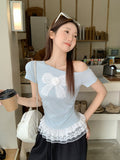 Lace Lace Spliced Short-Sleeved T-Shirt For Women's New Body-Repair Bow Design Tops In Summer 2026