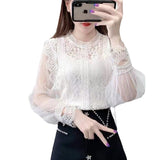 New Elegant Solid-Colored Yarn Long-Sleeved Bubble Sleeve Collar Collar Collar Women's Lace Shirt