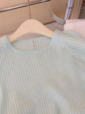 Mint Green Knitted Shoulder Ice Silk Short-Sleeved T-Shirt Women 2025 New Burst Summer Dopamine Chic Top