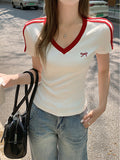Spice Girl Wind Butterfly Embroidered V-Neck Short-Sleeved T-Shirt Girls Summer New Sheds Pure T-Shirts