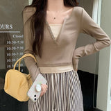 Cunct Button Bump Color Fake Two V-Neck Long-Sleeved T-Shirt Girls Spring And Autumn Slimming Hot Girls Short Bottom Shirt Top