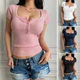Dilu 2025 Spring/Summer Y2K Sexy Solid Color U-Neck Button Color Weaving Short Sleeve T-Shirt T-Shirt