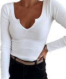 Spring And Winter Pure Color Pit Deep U Collar Long-Sleeved Casual Fashion Women's T-Shirt Spicy