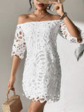 2025 New Commuter Wind Solid Color Brae Shoulder Hollow Lace Dress Dress Dress Dress Woman
