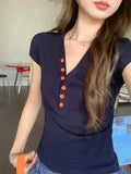 Tibetan Blue V-Neck Button Front Shoulder Design Feeling Short-Sleeved T-Shirt 2026 Summer New Fashion To Reduce The Beauty Of The Top