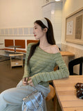 Vintage Design Feel Green Striped Button Collar Open Shoulder T-Shirt 2026 Early Autumn New Loose Long-Sleeved Top Woman