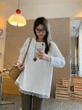 White Long-Sleeved Bottom Shirt Women 2026 Spring Dress New Lace Splicing Loose Round Collar With A Chic T-Shirt Top