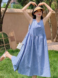 White Blue Lattice Sleeveless Vest Dress Women's Summer Korean Casual Style Relaxed Mid-Sized Holiday Dress