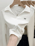 Pure Cotton Shoulder-To-Shoulder Collar Long-Sleeved T-Shirt For Women's Autumn And Winter Polo Collar Pure Desire To Collect Skinny Small Short-Sized Bottom Shirt