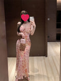 French Floral Tice V-Necked Dress Woman Spring Body-In-Law Long Dress Gentle Pocket-Buffed Ass Skirt