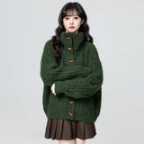 Green Turtleneck Sweater Coat Women's Autumn And Winter 2025 Winter New Warm And Thick Collar Knitted Cardigan Top