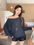Grey One-Word Collar Twill Long-Sleeved Knitting Knitting Women's Clothing 2026 Korean Early Autumn Wearing A Huge Look And Loose Top