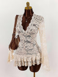 New Women's Vintage Babes Hollow Lace V-Neck Waist Thin Perspective Holiday Dress