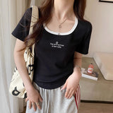 Positive Shoulder Collar Short-Sleeved T-Shirt Girls Summer Slim Skinny Collared Short Fish Bone Cotton Tops In Casual Match