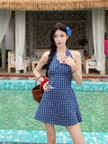 Korean Blue Lattice Hanging Neck Dress Women Summer Sleeveless Bow Bow A Word Skirt Sweet Babes Short Skirt